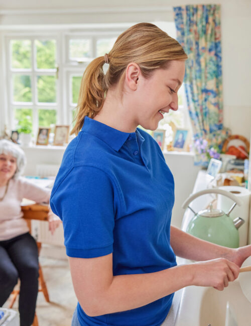 Female Home Help Cleaning House Doing Washing Up In Kitchen Whilst Chatting With Senior Woman