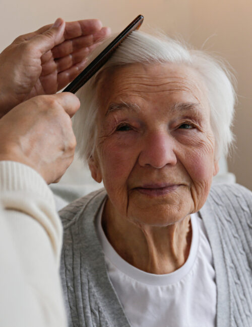 Unrecognizable female expressing care towards an elderly lady, brushing her hair with a comb. Granddaughter helping granny with a haircut. Family values concept. lose up, copy space, background.